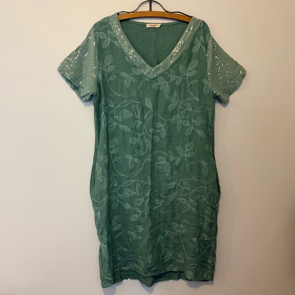 Lungo L’Arno Green Linen Dress | Embroidered Floral Sequins Made in ItalySize S - Picture 1 of 8